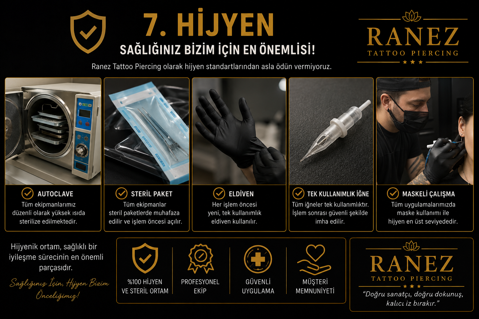Ranez Tattoo Piercing stüdyosunda hijyen, sterilizasyon ve tek kullanımlık ekipmanlarla güvenli dövme ve piercing uygulamaları