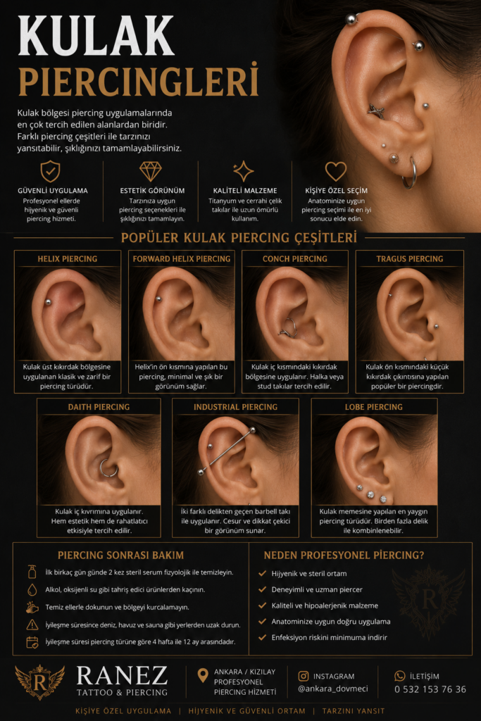 Tragus Piercing uygulaması, kulak tragus piercing modeli, kulak önü piercing, tragus piercing takıları, Ankara piercing hizmeti, profesyonel piercing stüdyosu