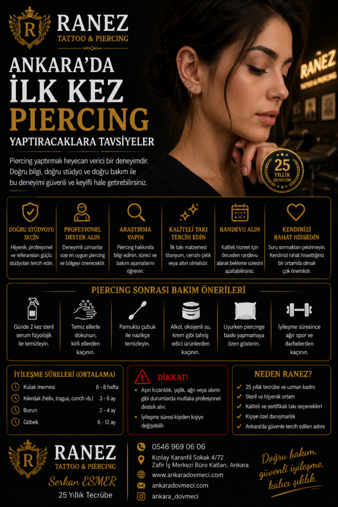 Ankara'da ilk kez piercing yaptıracaklar için öneriler, profesyonel piercing hizmeti, Ankara piercing stüdyosu, hijyenik piercing uygulaması, Ranez Tattoo Piercing
