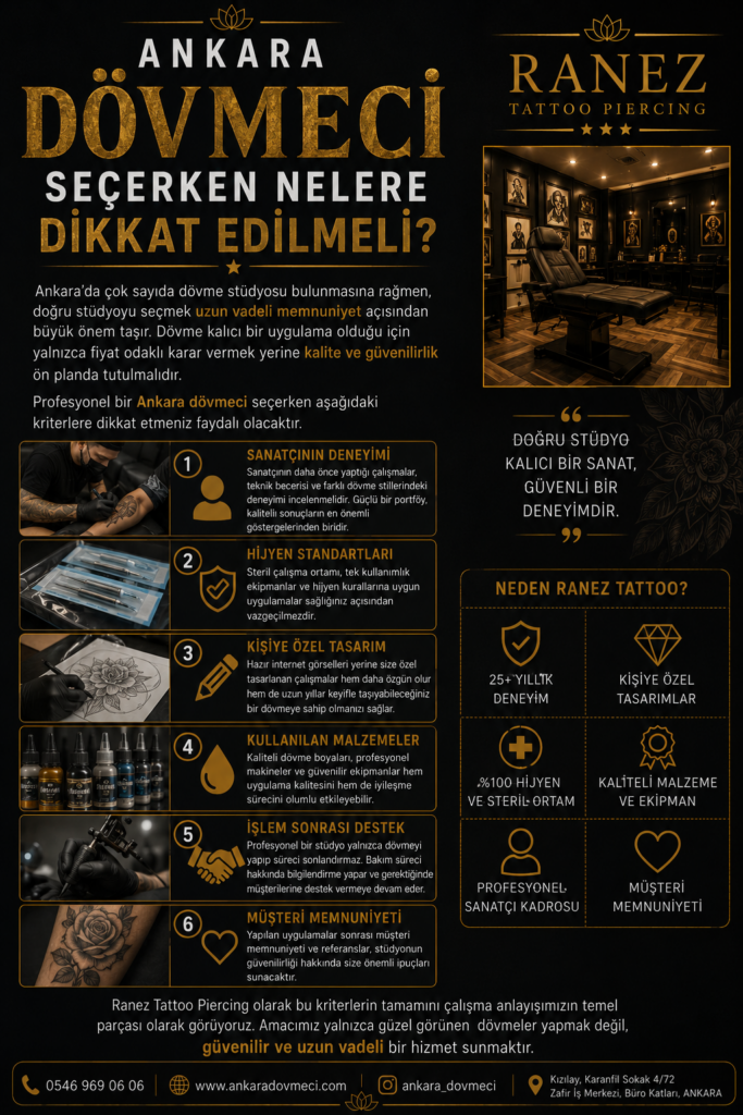 Ankara'da dövme stüdyosu seçerken hijyen, deneyim ve profesyonel hizmete dikkat edilmesi gerektiğini anlatan görsel
