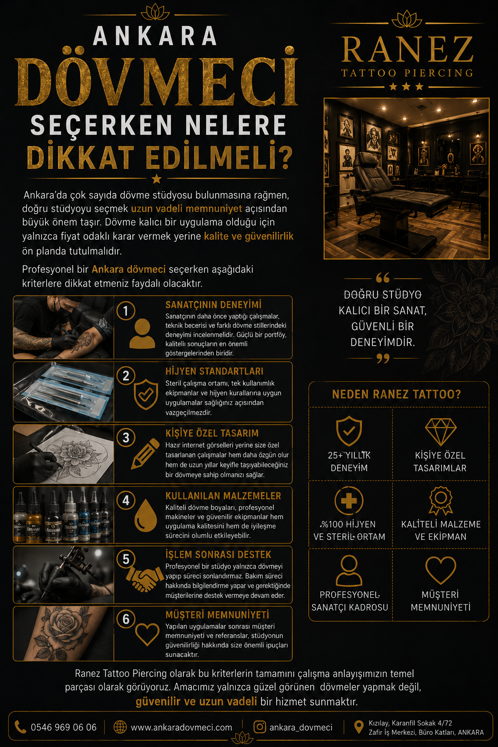 Ankara'da dövme stüdyosu seçerken hijyen, deneyim ve profesyonel hizmete dikkat edilmesi gerektiğini anlatan görsel