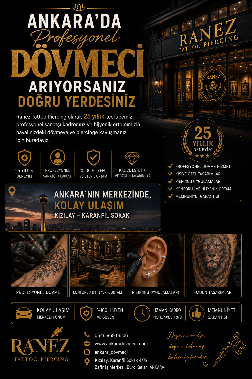 Ankara'da profesyonel dövmeci arayanlar için Ranez Tattoo Piercing stüdyosunu tanıtan görsel