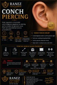 Conch Piercing uygulaması, iç kulak piercing modeli, conch piercing takıları, kulak kıkırdak piercingi, Ankara piercing hizmeti, profesyonel piercing stüdyosu