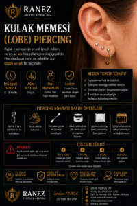Kulak Memesi (Lobe) Piercing uygulaması, kulak memesi piercing modelleri, lobe piercing takıları, Ankara piercing hizmeti, Ranez Tattoo Piercing